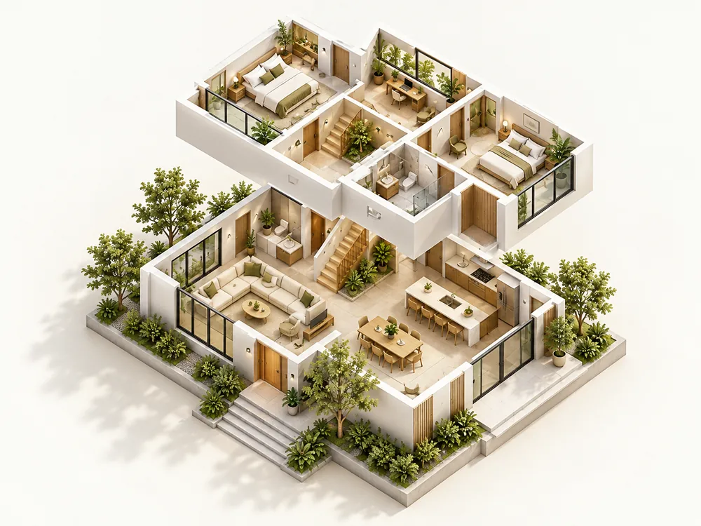 A two-storey architectural model with an upper floor lifted to reveal the layout.