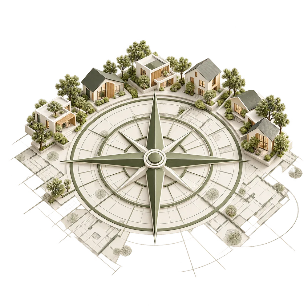 A conceptual architectural compass surrounded by miniature homes and floor-plan linework.